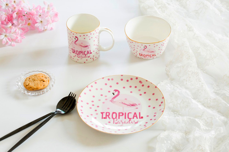 The flamingo pink western - style food plates mugs breakfast cup han edition student jobs household ceramics tableware three - piece suit