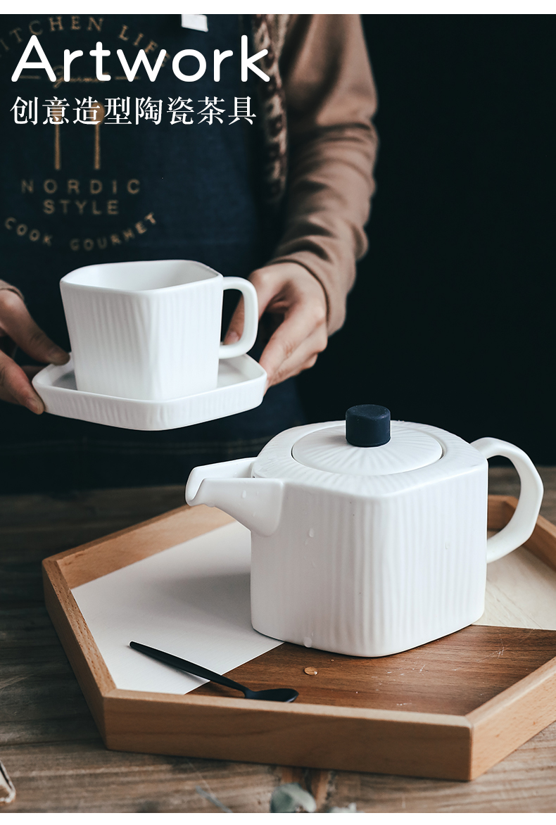 Matte enrolled ceramic teapot Nordic tea cups and saucers household utensils kettle flower coffee pot, kettle large capacity