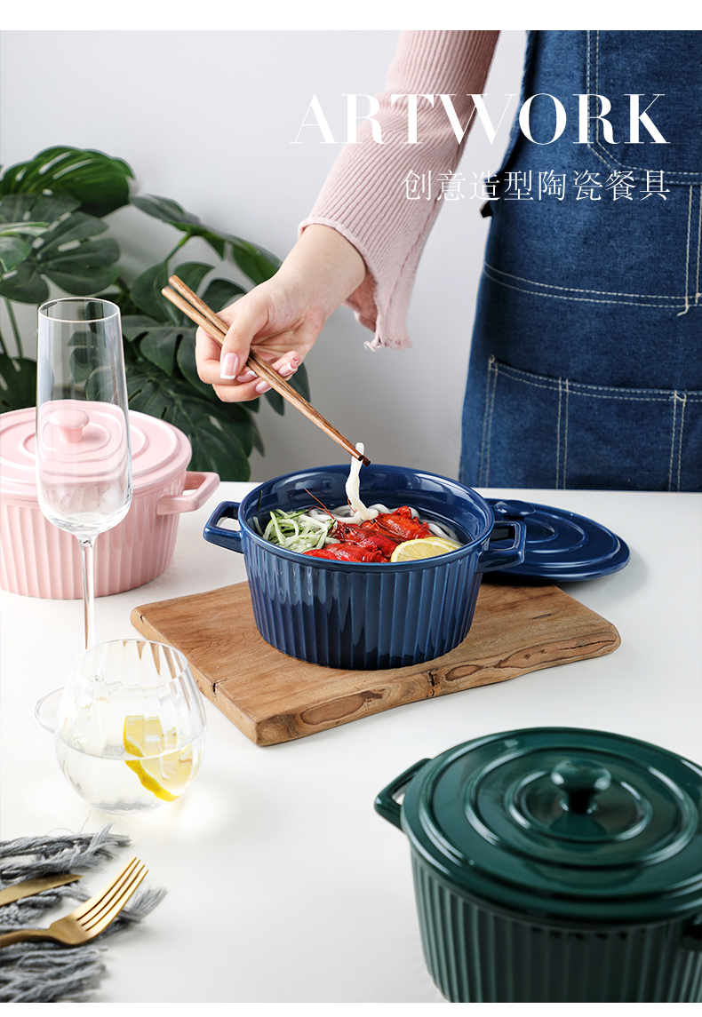 Ears with cover rainbow such use large la rainbow such use ceramic bowl of soup bowl home baking bowl of noodles bowl