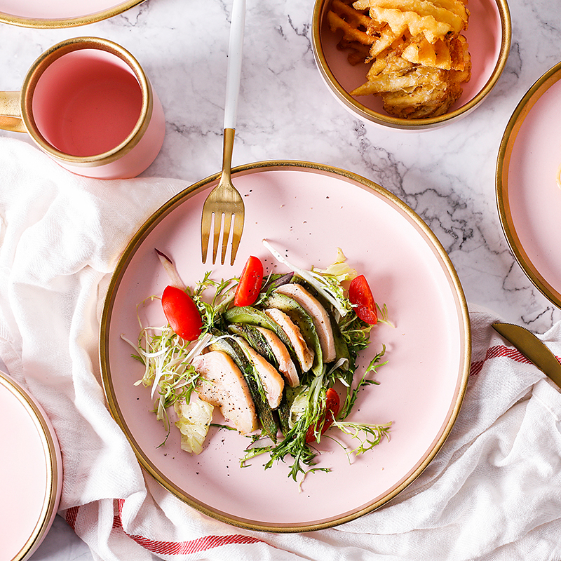 Northern wind INS paint edge pink ceramic tableware suit dish dish of rice bowls rainbow such as bowl soup bowl dish plate glass
