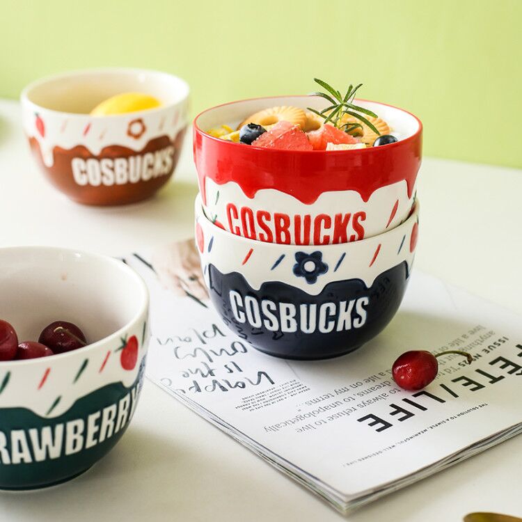 Lovely strawberry ceramic bowl of fruit salad bowl household oatmeal for breakfast bowl of fruit salad bowl side dish bowl of steamed dense eggs