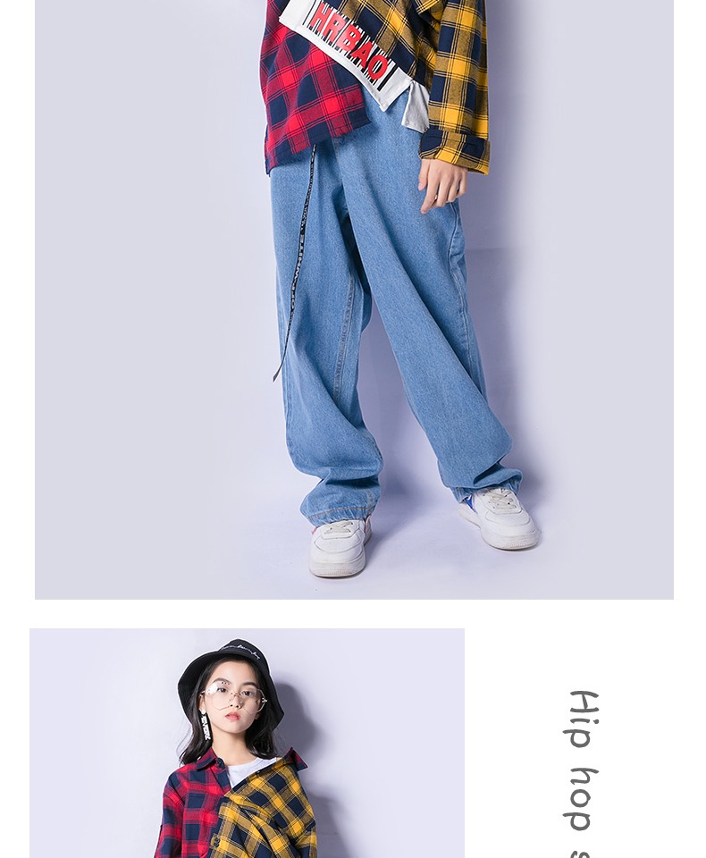 Cô gái hip hop xu hướng đường phố trang phục khiêu vũ phù hợp với cậu bé lớn nhảy jazz biểu diễn quần áo kẻ sọc quần jeans - Trang phục bộ đồ khiêu vũ cho bé trai