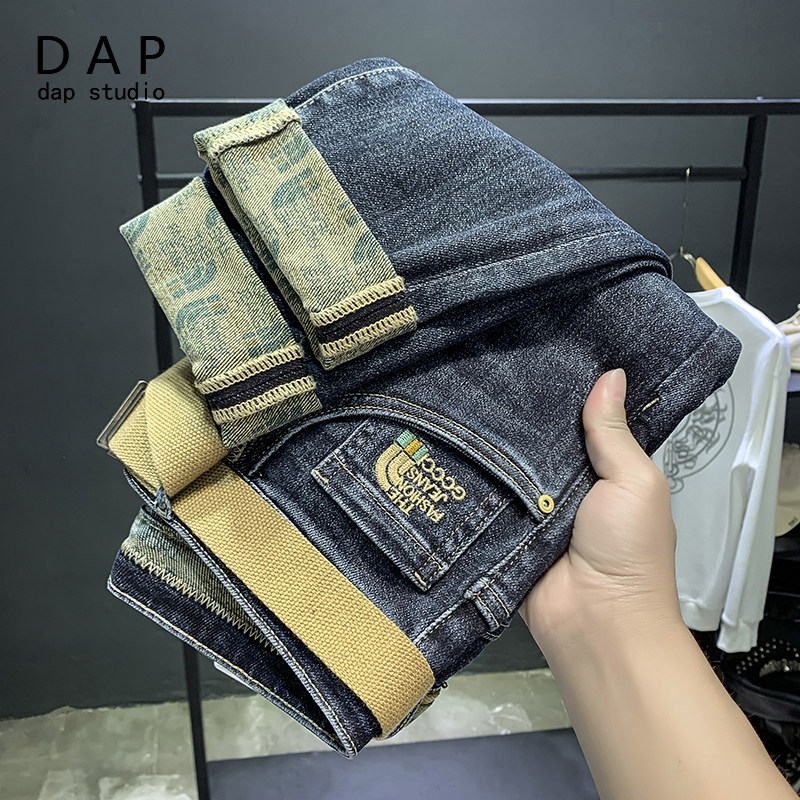 High-end tide brand jeans men's autumn and winter 2022 printing dark blue embroidery elastic slim fit men's trousers