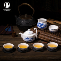 Hongyao 8-piece flying landscape tea set set Jingdezhen high white mud hand painted blue and white hot sale