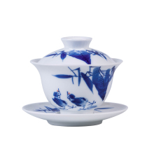 Hongyao blue and white porcelain cover bowl Hand-painted Gongfu tea set Jingdezhen handmade three-cai bowl Single tea bowl underglaze color