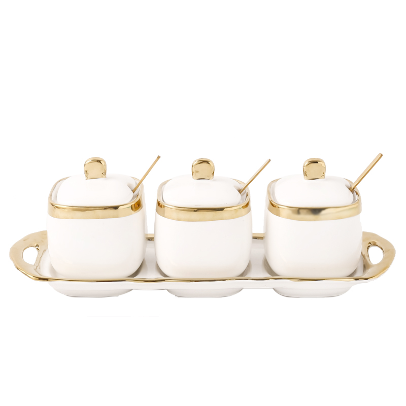 3 Cans + Handle Plate (Tipping) Spoon FeedingNorthern European style Light luxury white Phnom Penh ceramics Sugar can Salt pot Seasoning tank Seasoning bottle Seasoning Four piece suit Flower and fruit tea pot