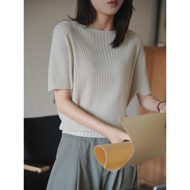 Liang Yongshan/Starlight Song/Simple Casual Round Neck Short Sleeve Knit Top for Women, Summer Loose Fit Versatile Thin Ribbed Top Liang Yongshan/Starlight Song/Simple Casual Round Neck Short Sleeve Knit Top for Women, Summer Loose Fit Versatile Thin Ribbed Top