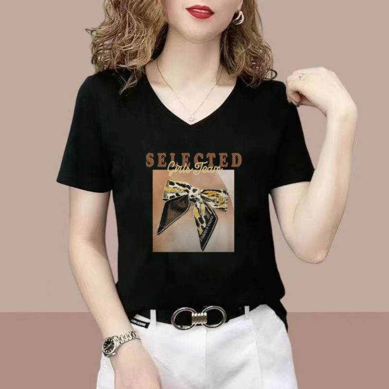 2026 Summer Fashion Pure Cotton Plus Size V-Neck Elegant Short Sleeve T-Shirt for Women Versatile Slim Fit Slimming Top Trendy