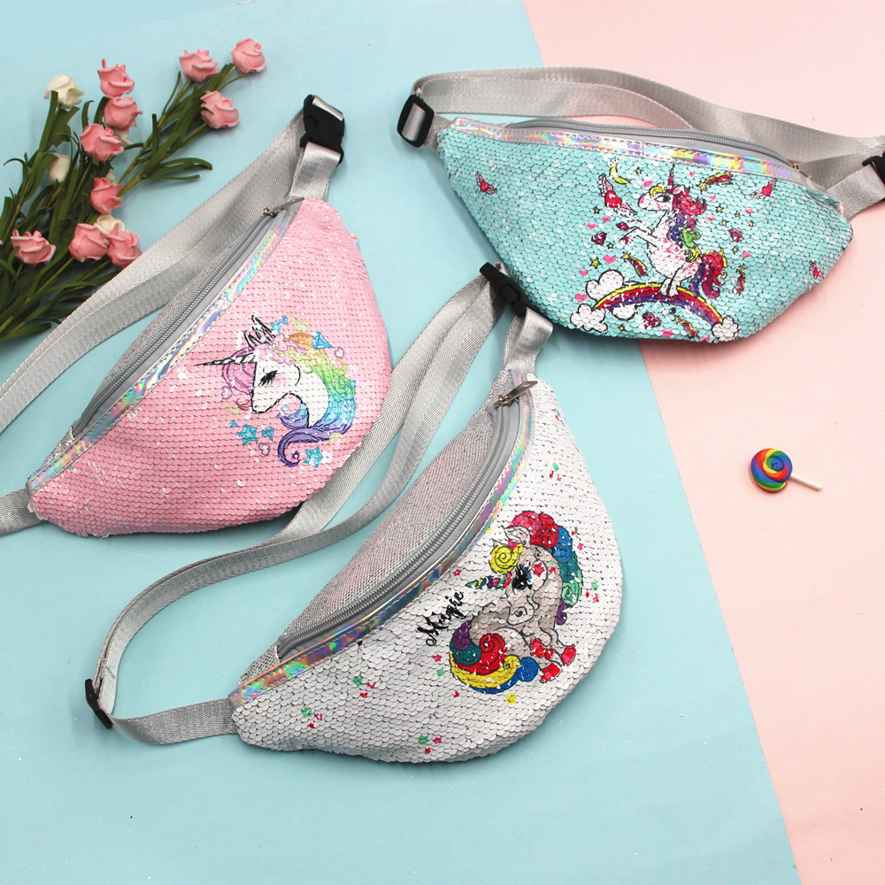 Cross-border children unicorn print sequin cartoon fanny pack Little girl casual sports cute chest bag Shoulder bag