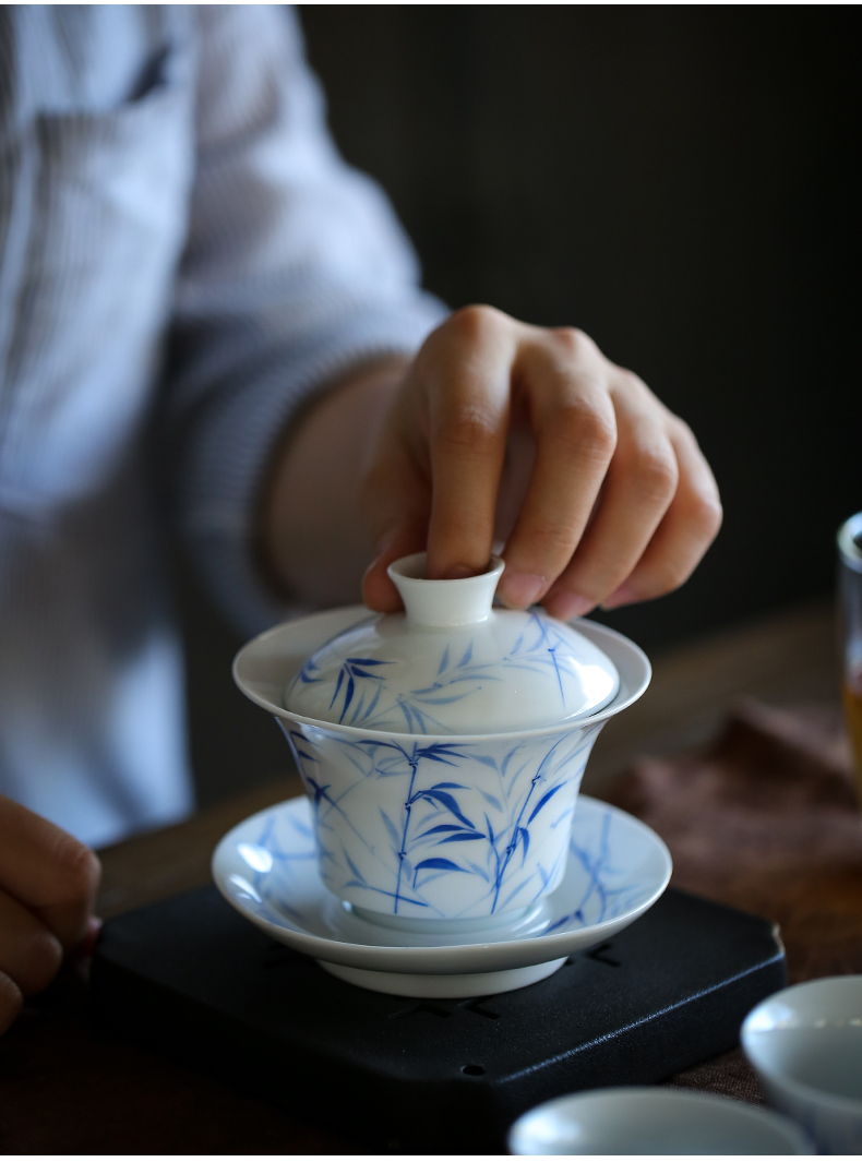 By mud jingdezhen hand - made kung fu tea set manually famille rose porcelain tureen home three bowls set of tea cups