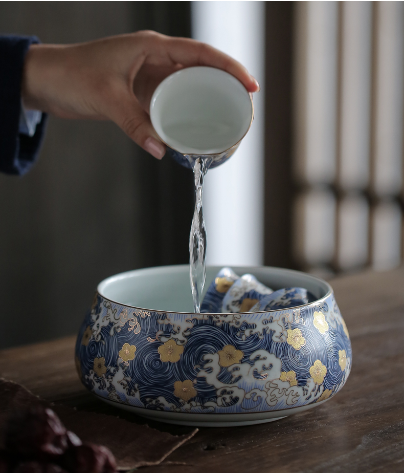 By mud jingdezhen colored enamel checking ceramic cup tea wash bowl for wash large blue water jar in hot bowl of tea accessories