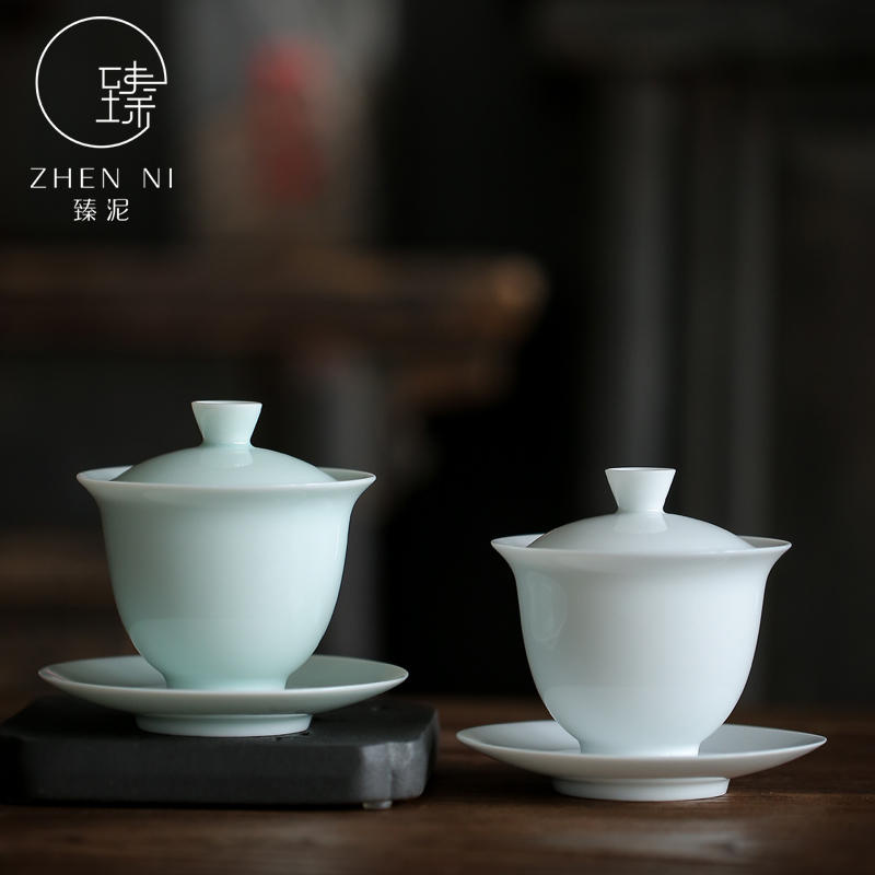 "Green tureen jingdezhen manual shadow only three bowl of thin foetus celadon kung fu tea set to use white porcelain making tea