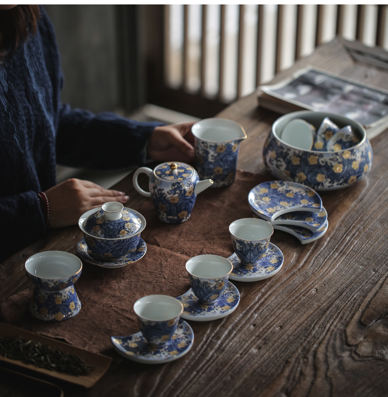 By mud jingdezhen three to bowl of blue and white porcelain enamel tureen checking enamel household kung fu tea set to use