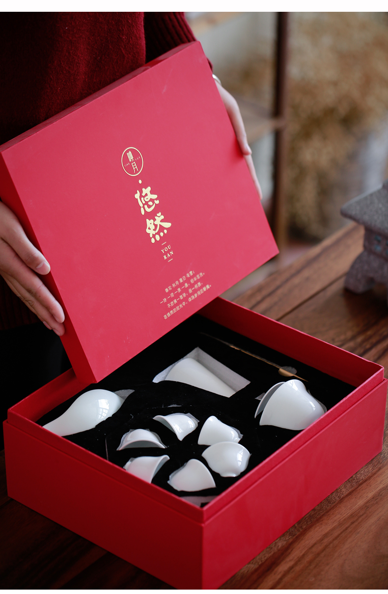 "White porcelain tea set manual mud tureen kung fu tea cups set of household ceramic tea set gift boxes