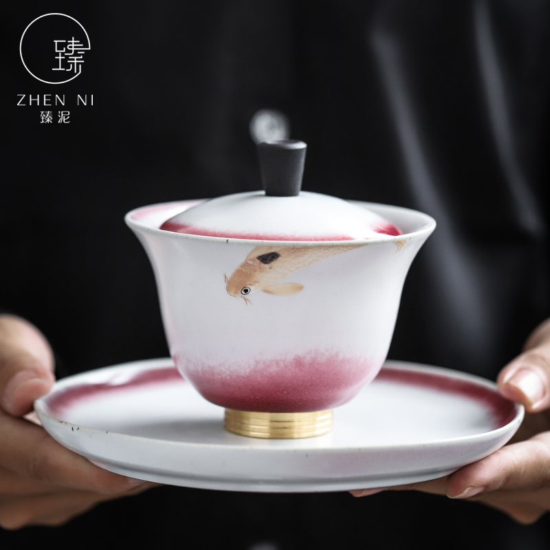 By mud tureen household ceramic bowl tea machine manual variable only three bowl of creative copper bottom insulation kung fu tea cups
