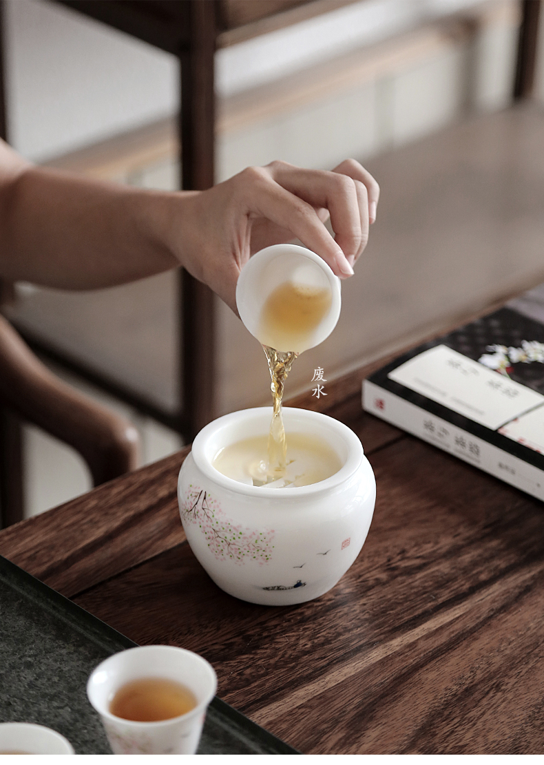By pure hand - made mud kung fu tea set jingdezhen thin foetus white porcelain tureen household whole set of tea cups