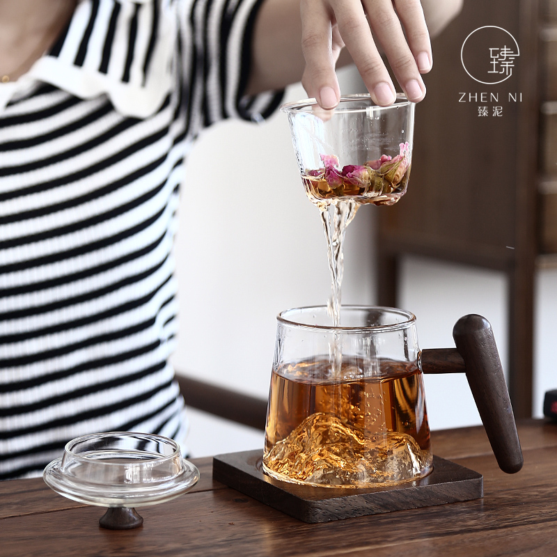 By mud glass office of large capacity hot water cup home tea cup with wooden handle, filter mark cup with cover