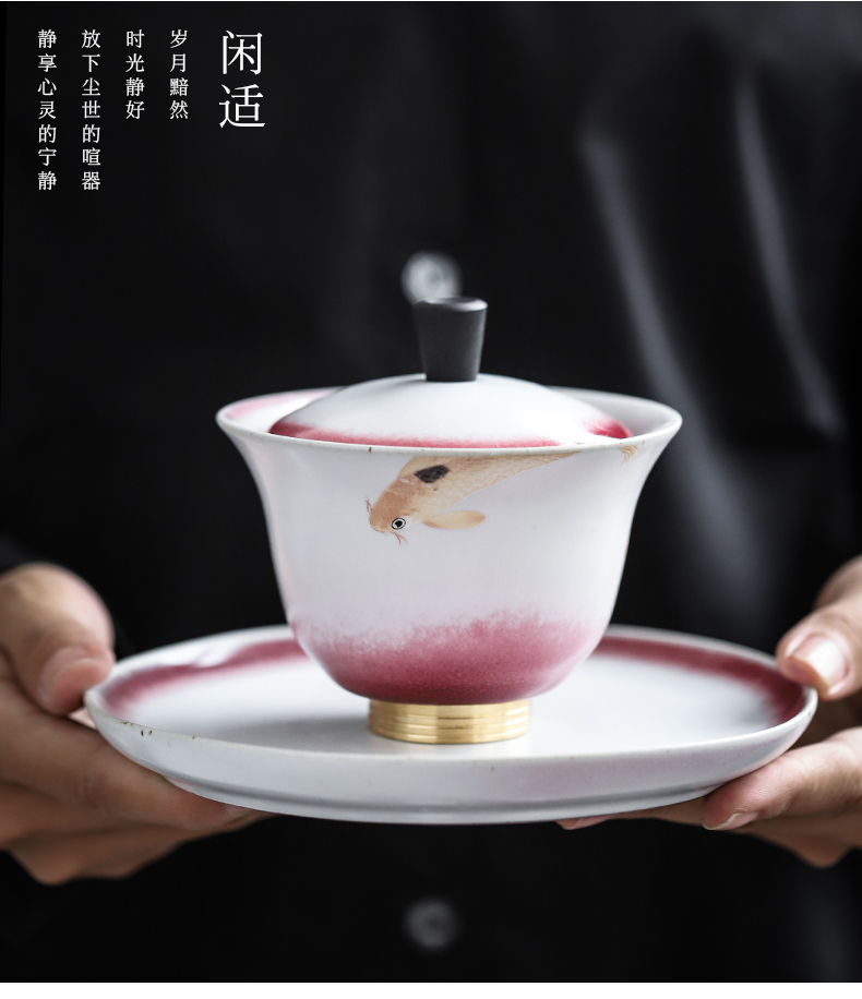 By mud tureen household ceramic bowl tea machine manual variable only three bowl of creative copper bottom insulation kung fu tea cups