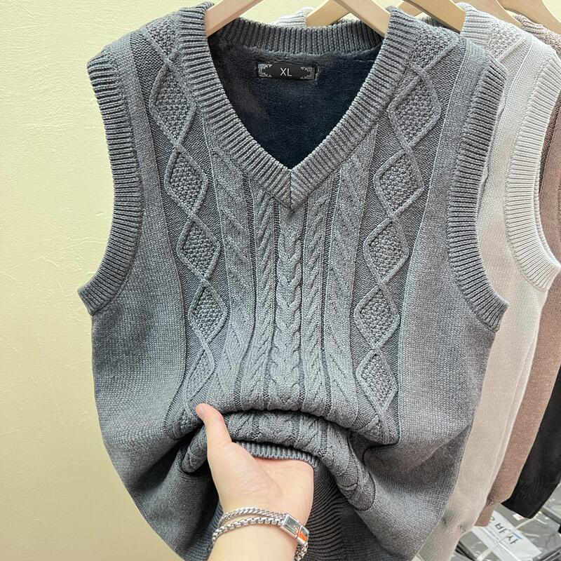 Fleece-Lined Thickened Sleeveless Sweater Men's Vest Winter Warm Vest Men's Knitwear Undershirt Pure Cotton V-Neck Fleece-Lined Thickened Sleeveless Sweater Men's Vest Winter Warm Vest Men's Knitwear Undershirt Pure Cotton V-Neck