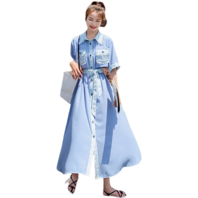 Blue French dress for women summer 2032 new A-line shirt dress with temperament and slimming Hepburn style chiffon long skirt