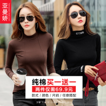 2 pieces 69) cotton embroidery semi-high collar base shirt women Autumn wear tight-fitting long sleeve T-shirt foreign air autumn clothes tide