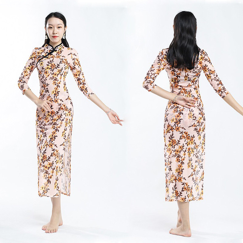 Classical dance costumes in the Republic of China slit cheongsam modern dance performance costumes elastic printed mesh gauze slimming body suits for women