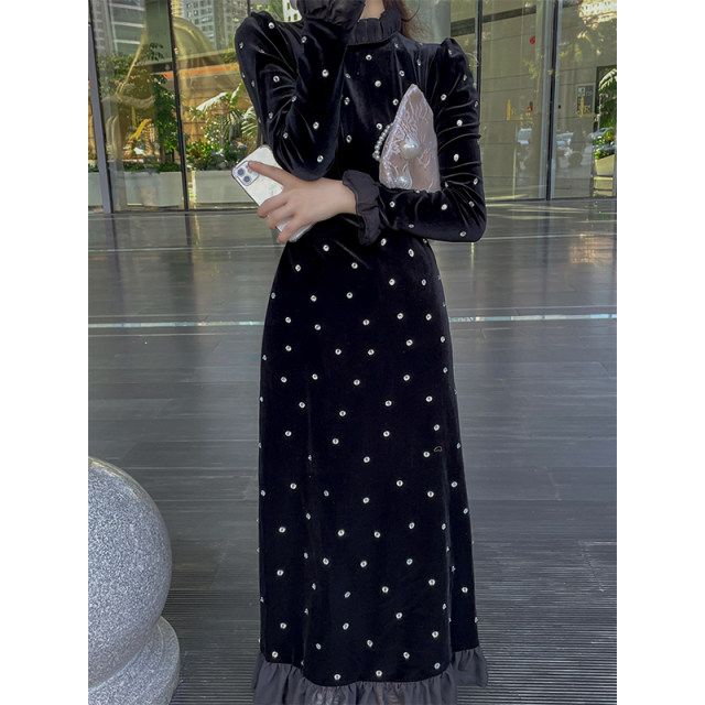 Yanyan elegant and feminine heavy industry hot diamond velvet dress ruffled hip wrap hip slim mermaid skirt long skirt