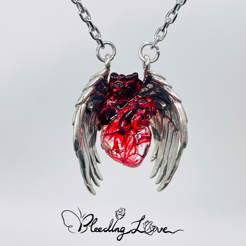 Breaking the Cocoon to Be Reborn, Handmade Red and Blue Two-Tone Heart Pendant, Angel Wings, Guardian Heart, Vintage Distressed Valentine's Day Gift