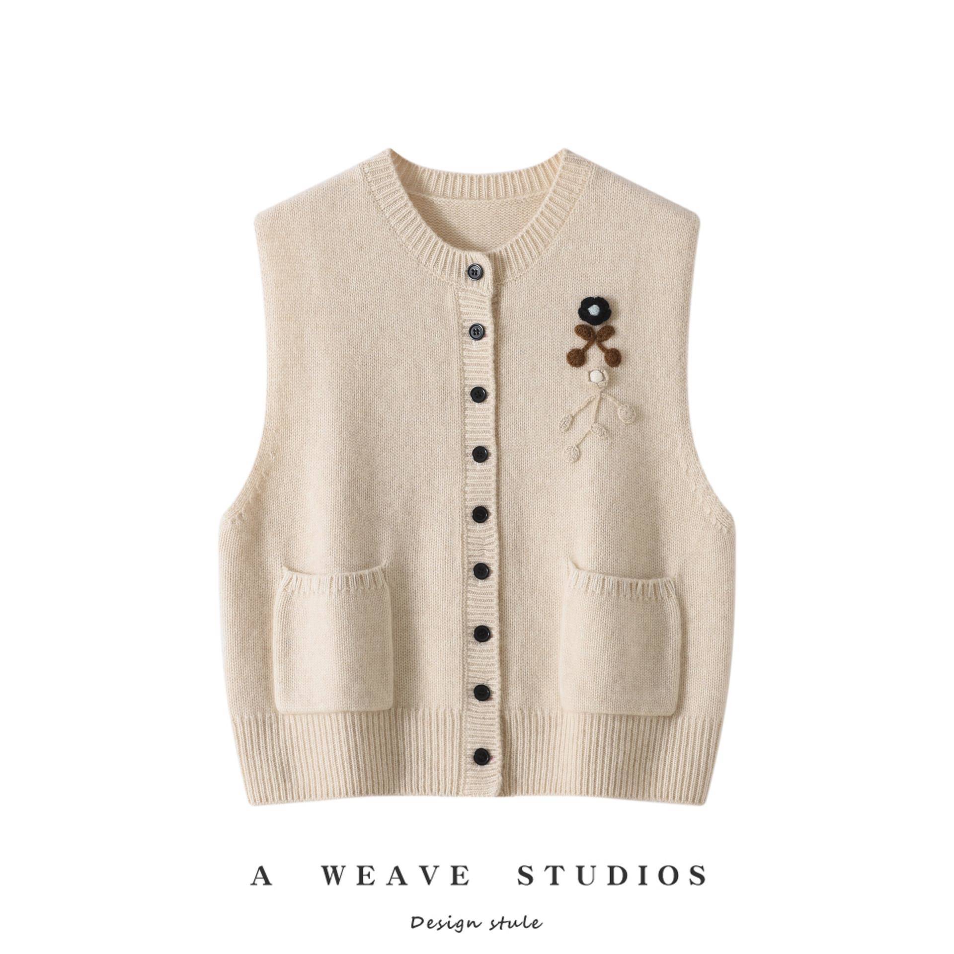 Heavy hand embroidery! New autumn and winter cashmere cardigan women's round neck sleeveless knitted vest women's slim sweater waistcoat
