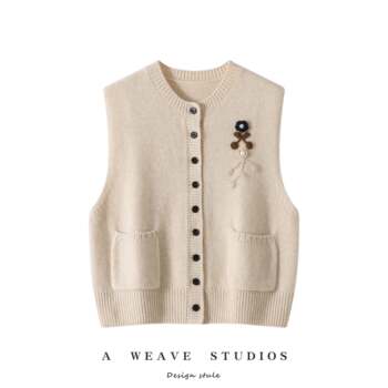 Heavy hand embroidery! new autumn and winter cashmere cardigan women's round neck sleeveless knitted vest women's slim sweater waistcoat