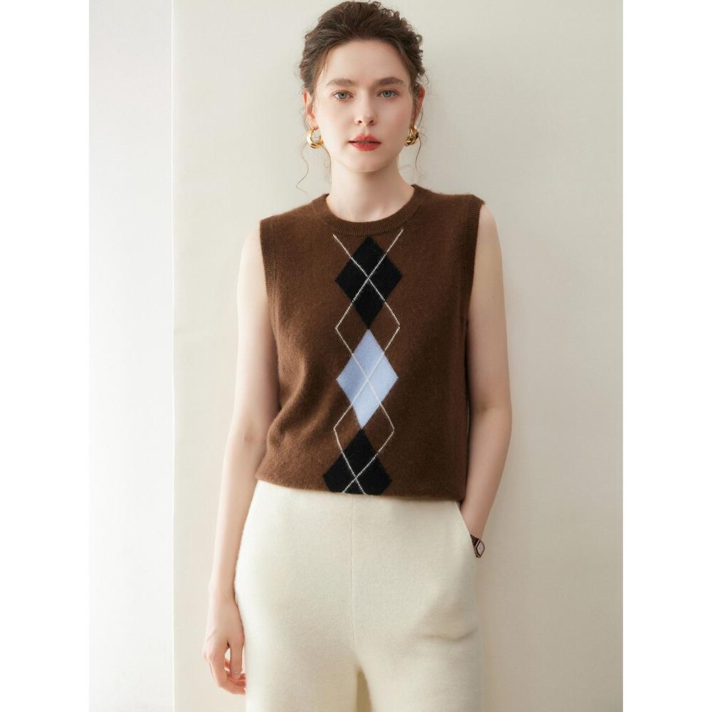 26 spring style round neck diamond intarsia cashmere vest for women loose layered sleeveless inner sweater vest