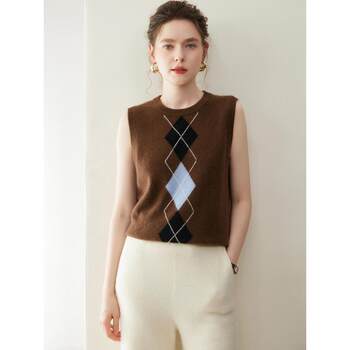 26 spring style round neck diamond intarsia cashmere vest for women loose layered sleeveless inner sweater vest