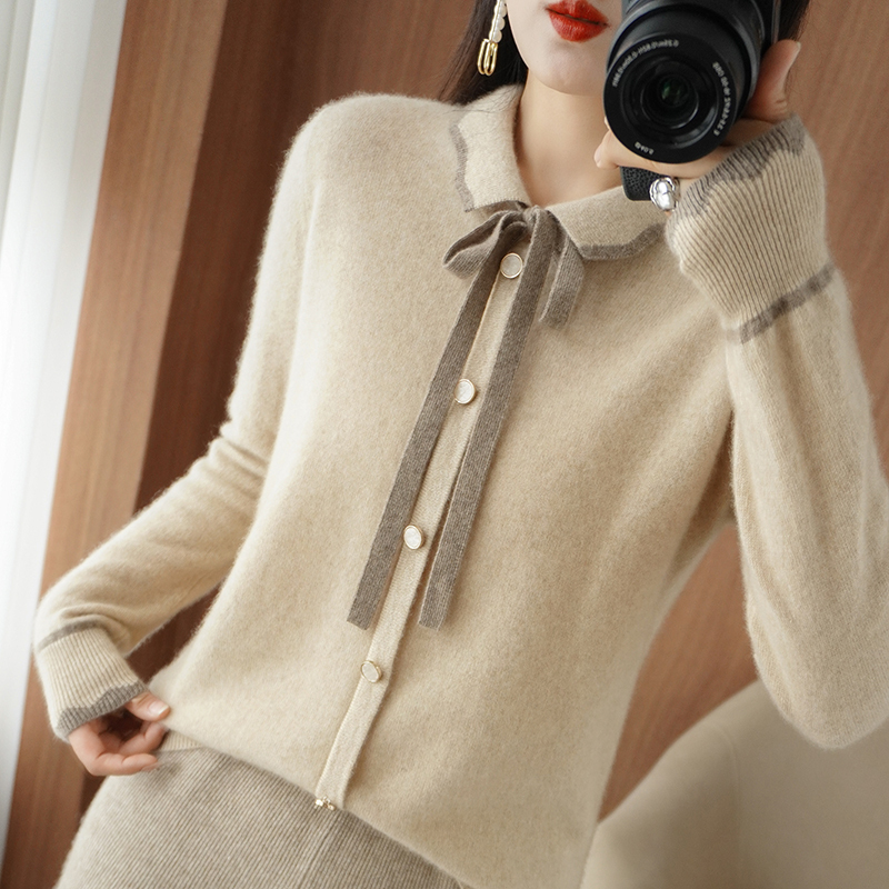 Bow Tie Ribbon Color-Blocked Lapel Knit Sweater Women's Sweater Autumn and Winter Design Cashmere Cardigan Soft Wool Coat