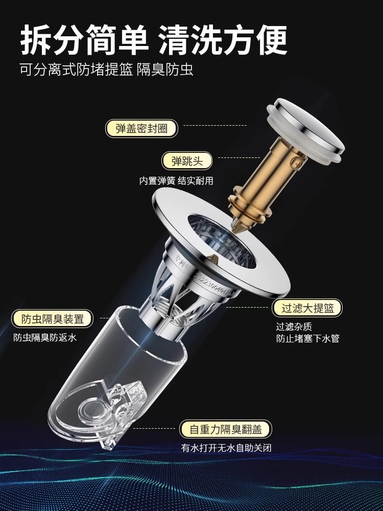 Sink Drain Plug, Basin Pop-Up Drain Core, Sink Accessories, Push-Type Anti-Odor Device