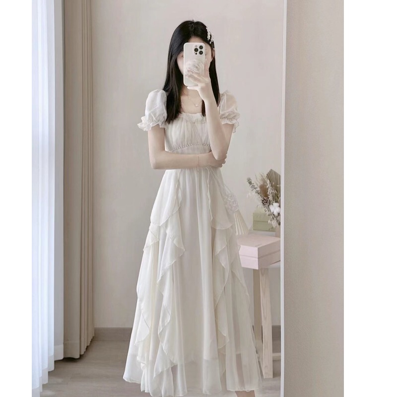 12-Year-Old Girl, 13-Year-Old Girl, Chiffon White Dress, Summer 15-Year-Old Junior High School Student Fairy Dress, French Long Dress 12-Year-Old Girl, 13-Year-Old Girl, Chiffon White Dress, Summer 15-Year-Old Junior High School Student Fairy Dress, French Long Dress