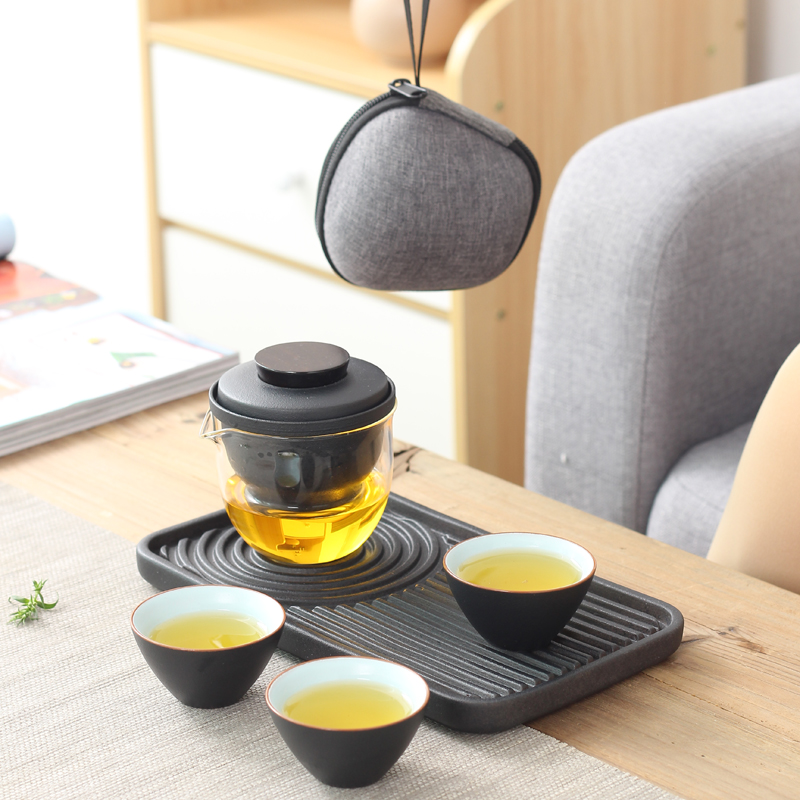 Portable tea set Set travel Gongfu tea One pot of three glasses Quick passenger cup Ceramic Carry-on Outdoor Bubble Teapot