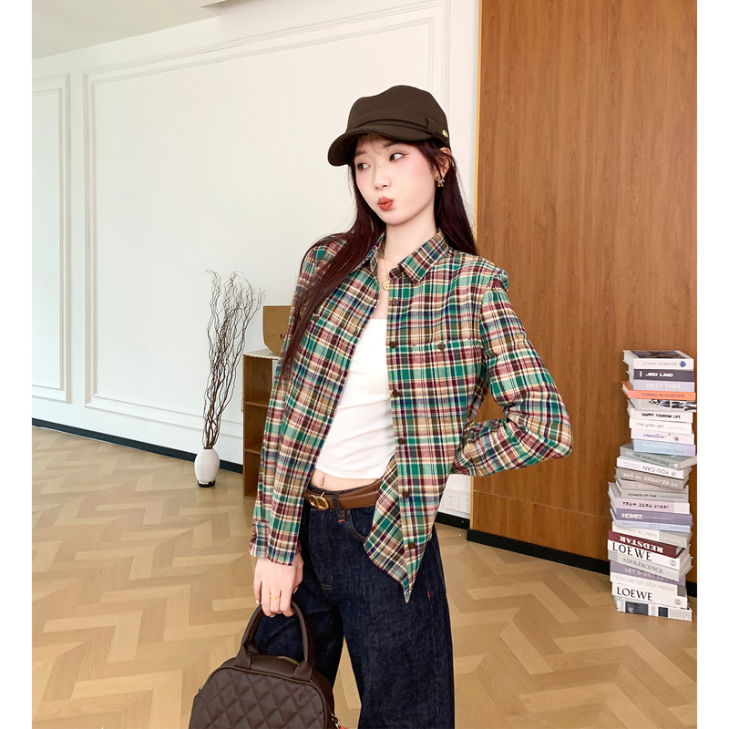 Mcc Lemons Retro Color-Blocked Plaid Shirt 100% Cotton Lapel Small Wide Shoulders Slightly Loose Plaid Shirt