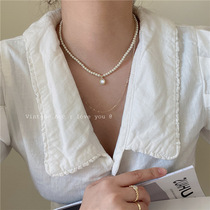 Korean retro geometric double-layer necklace Korean version Gold pearl necklace Rhinestone INS metal wind necklace Female