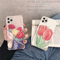 Retro graffiti tulips for 12 11ProMax Apple XsMax phone case 7 8plus anti-drop soft XR