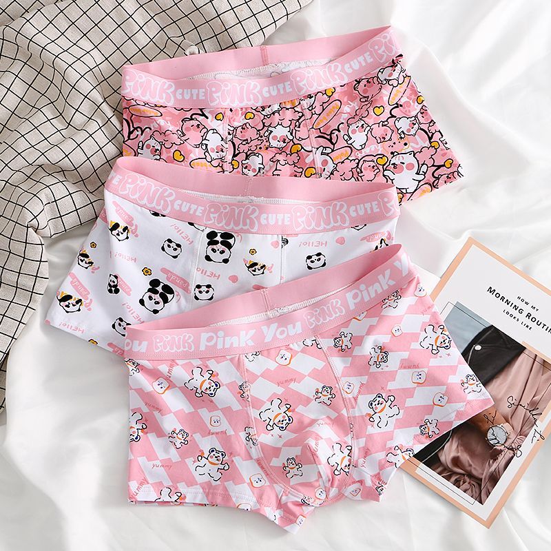 Super Cute Pink Men's Boxer Briefs, Pure Cotton, Cute Macho Men's Pink Breathable Cartoon Print Boxer Briefs