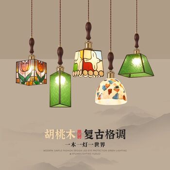 Medieval-Style American Retro Bedside Lamp, Glass Dining Room Chandelier, Hong Kong-Style Walnut Wood Entrance Light, Light Luxury Balcony Lighting