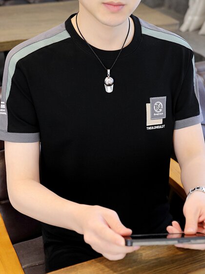 男士短袖T恤 夏季薄款棉质上衣 休闲潮流男装衣服 刺绣半袖男汗衫