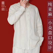 Old print Tanged Chinese jacket handmade disc buckle Chinese wind mens retro round collar casual spring and fall linen long sleeves