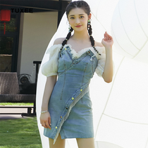 TUXEE Rocket Girl Zhou Jieqiong Tongan Harness Jeans denim dress Shoulder Lined Shoulder Blouse Suit Woman