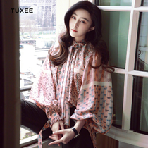 TUXEE Fan Bingbing same Model 20 autumn summer new sweet pink print lantern sleeve lace-up shirt Women