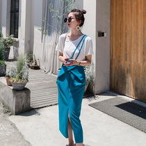 Peacock blue French suspender dress womens summer 2021 new T-shirt skirt suit Hong Kong style retro chic two-piece suit