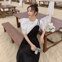 French suspender dress womens summer 2021 new bubble sleeve t-shirt skirt suit Hong Kong style retro chic two-piece suit