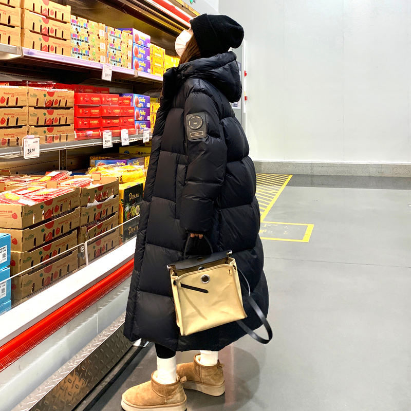 Black Goose down Jacket for Women, Winter 2026 New Style, Long Over-The-Knee Hooded Thickened Warm Coat for Northeast