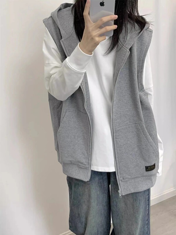 Sleeveless Hooded Sweatshirt Vest, Solid Color, Japanese Style Layered Jacket, Loose Fit, Unisex, Couple Style, Casual Style Sleeveless Hooded Sweatshirt Vest, Solid Color, Japanese Style Layered Jacket, Loose Fit, Unisex, Couple Style, Casual Style