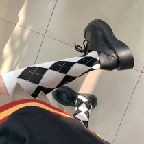 Net Red Black & White Rhomboid Lattice Jk Long Barrel Socks Girls Girls Academy Style Subsocks Pressure Slim Middle Cylinder Socks